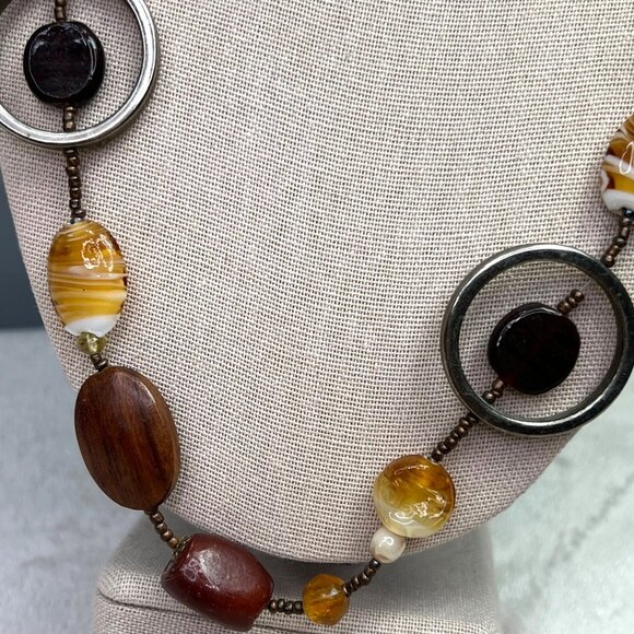 Chunky Beaded Polished Stone Necklace Earthy Boho Brown Amber Silver Tone Long - Picture 4 of 6
